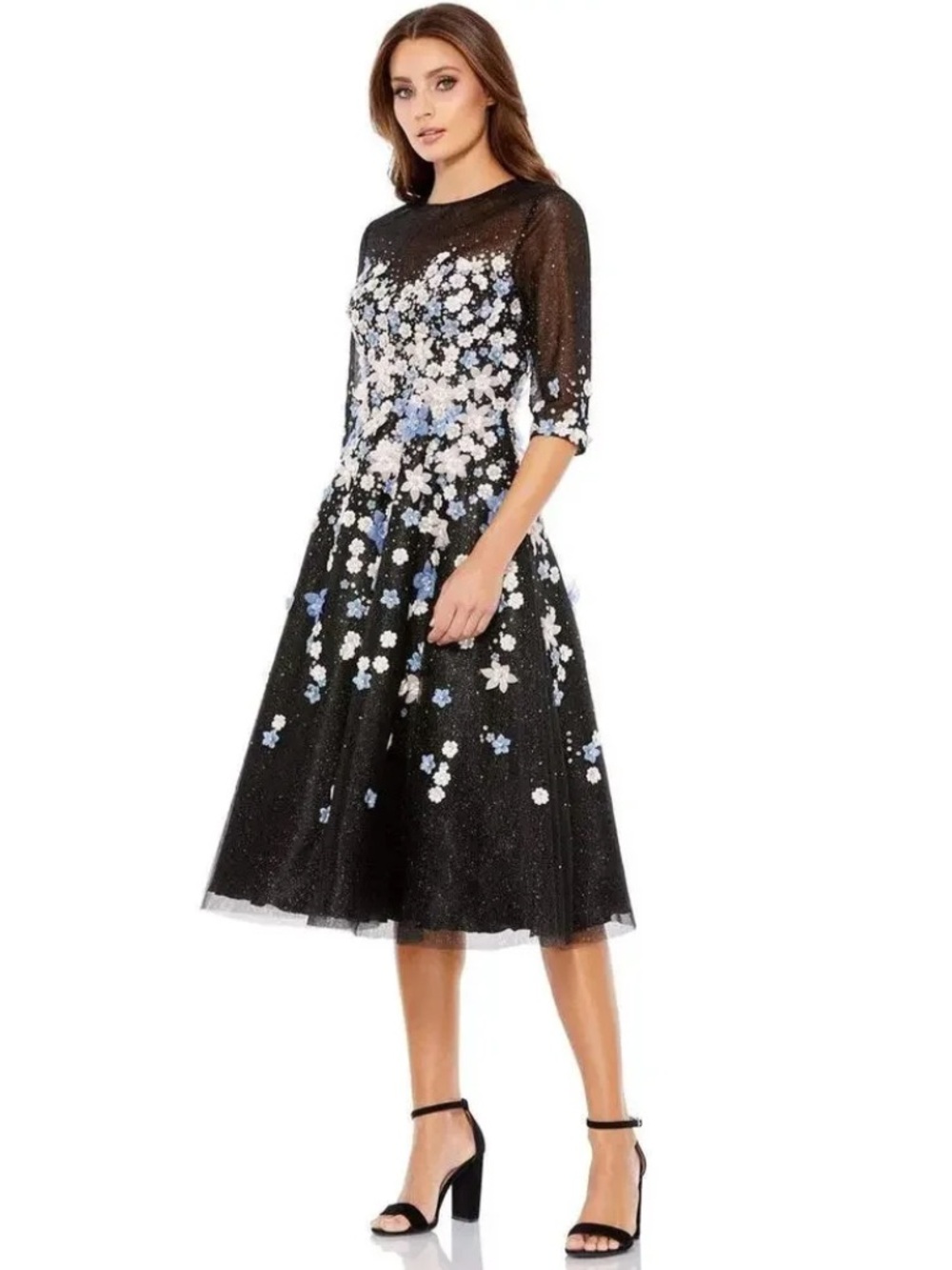 Mac Duggal 11161 Black Mesh Midi Dress with White & Light Blue Floral Appliqués